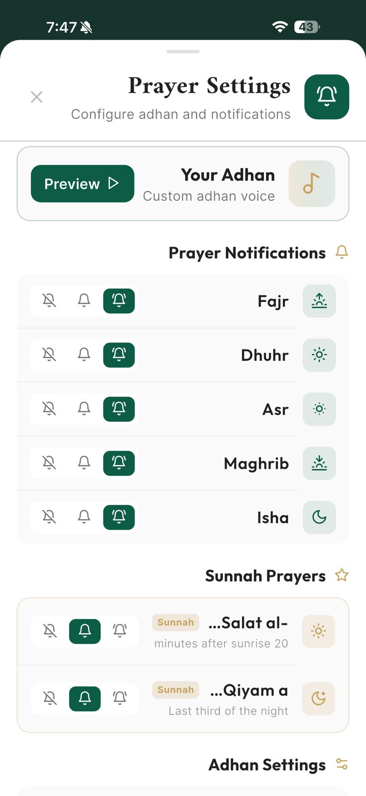 HafizPrime Prayer Notifications — per-prayer adhan control